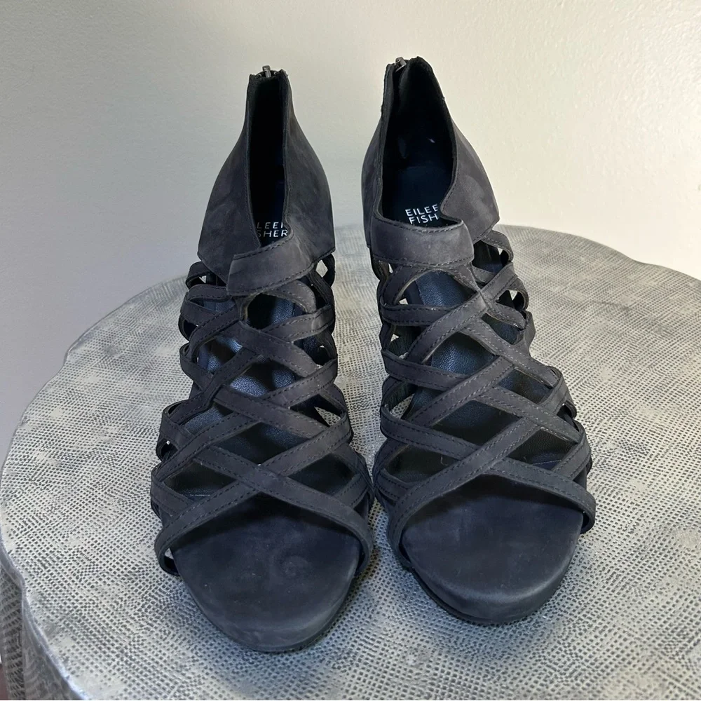 Eileen Fisher ~Black Cage Open Toe Italian Leather Nubuck Wedges Shoes size 9.5